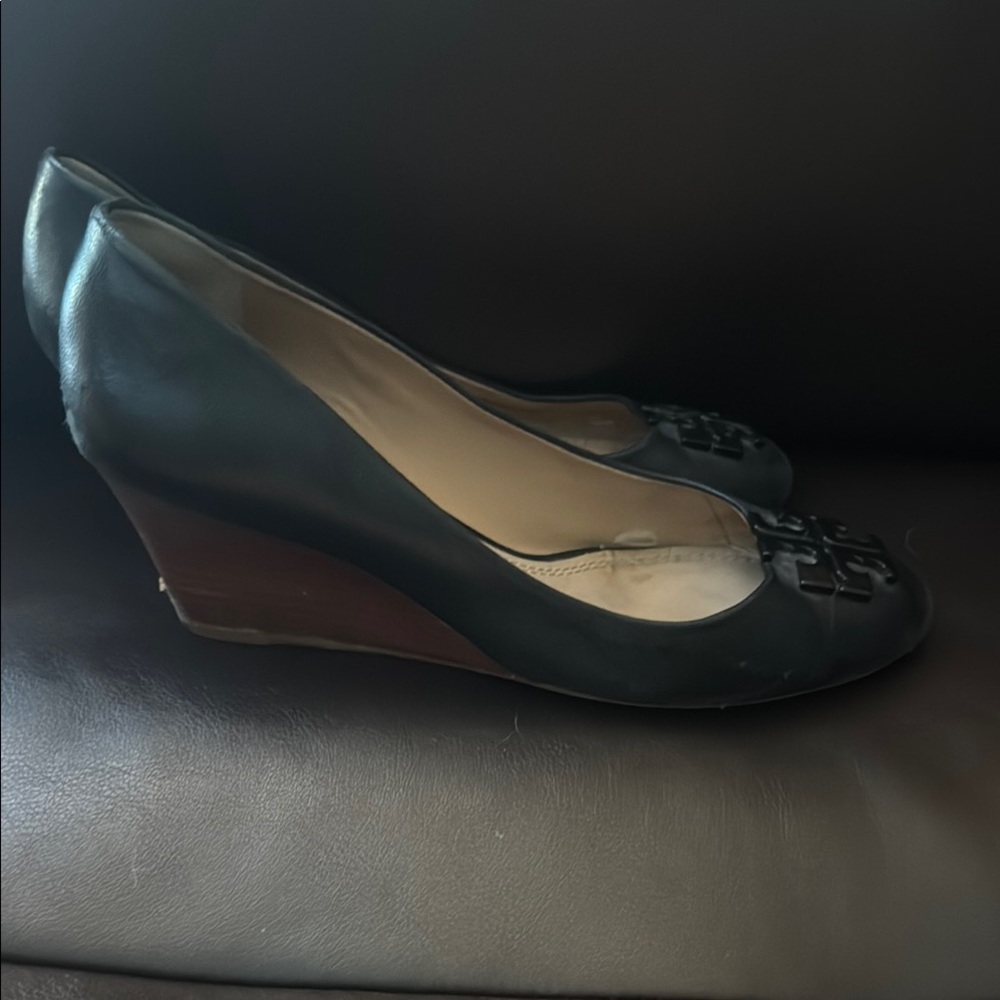 Tory Burch Black Wedge Peep-Toe Shoes